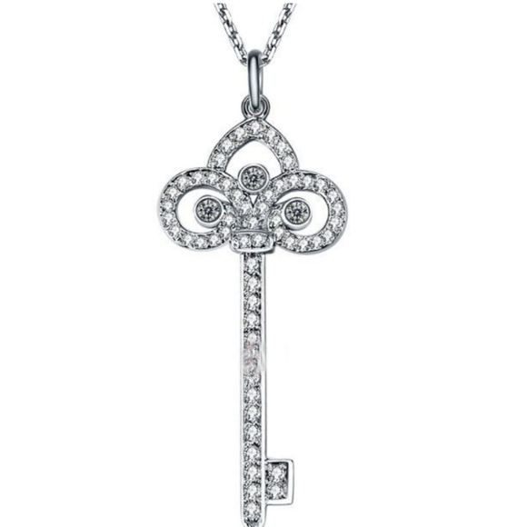 .925 Sterling Silver CZ Key Pendant Necklace 17in - Picture 2 of 5